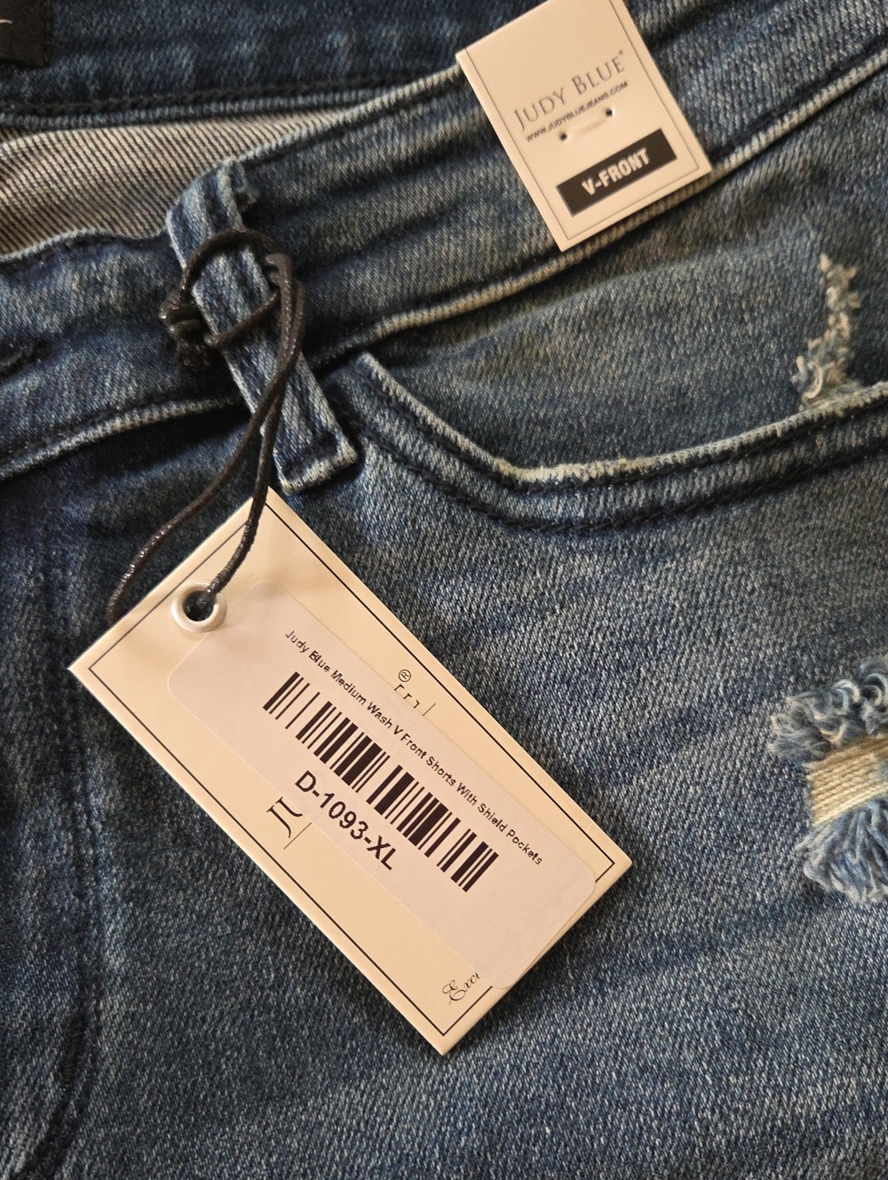 Judy Blue Medium Blue Distressed Frayed Hem Denim Shorts, XL - Picture 2 of 3